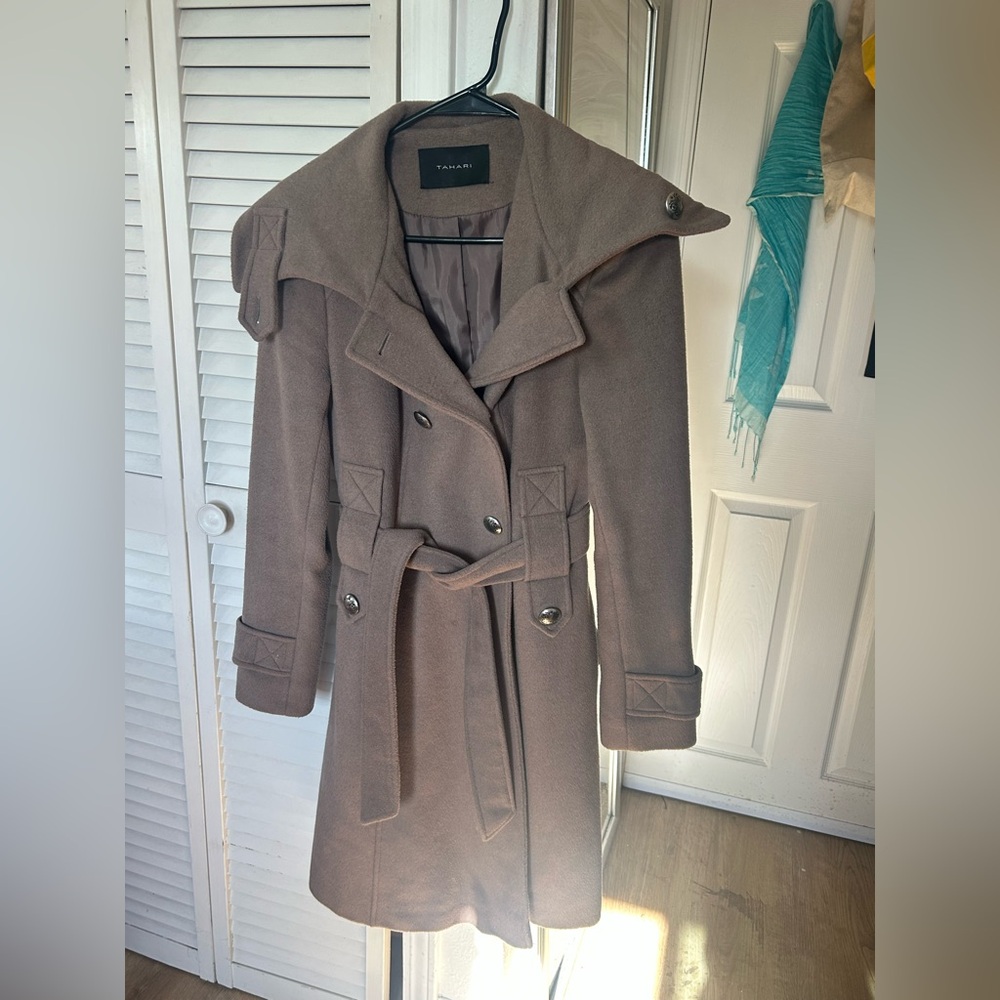 Tahari Taupe Belted Wool-Blend Trench Coat